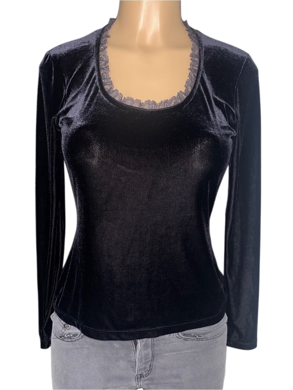 Velvet Lace-Trim Long Sleeve Scoop Neck Top - Black